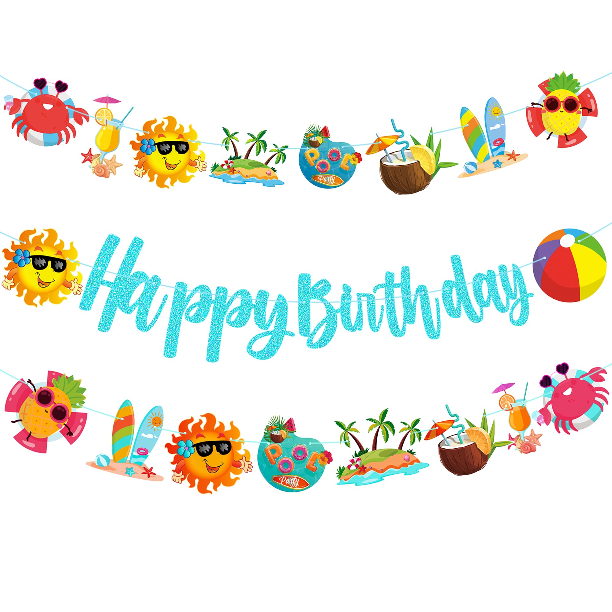Summer Pool Birthday Party Banner Summer Beach Glitter Happy Birthday Party Decorations Pool Party Banner Themed Pack Hawaiian Tropical Beach Birthday