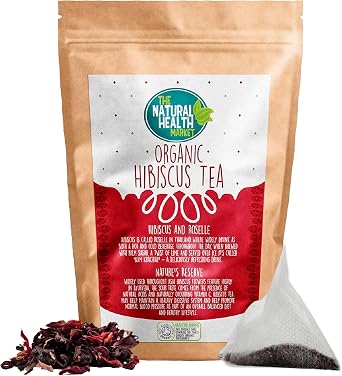 Organic Hibiscus Tea Bags 20 Count   Compostable Pyramid Bags   Soil Association Certified   Natural Hibiscus Powder   Made in Britain by The Natural Health Market