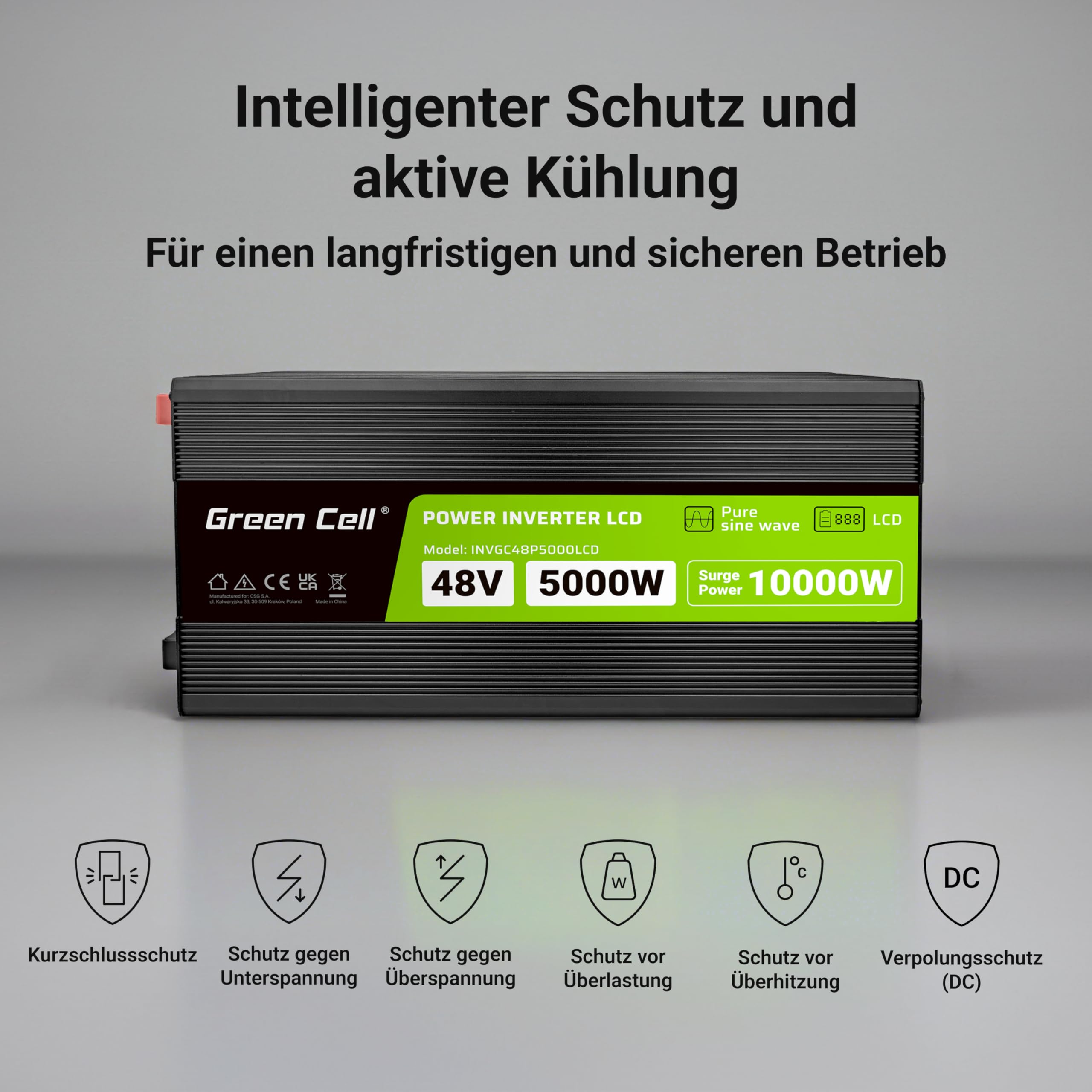 Green Cell LCD Spannungswandler 5000W/10000W 48V auf 230V Reiner Sinus Volt Spannungswandler Wechselrichter Konverter Pure Sine Wave Power PowerInverter DC AC Umwandler Stromwandler Wohnwagen Auto