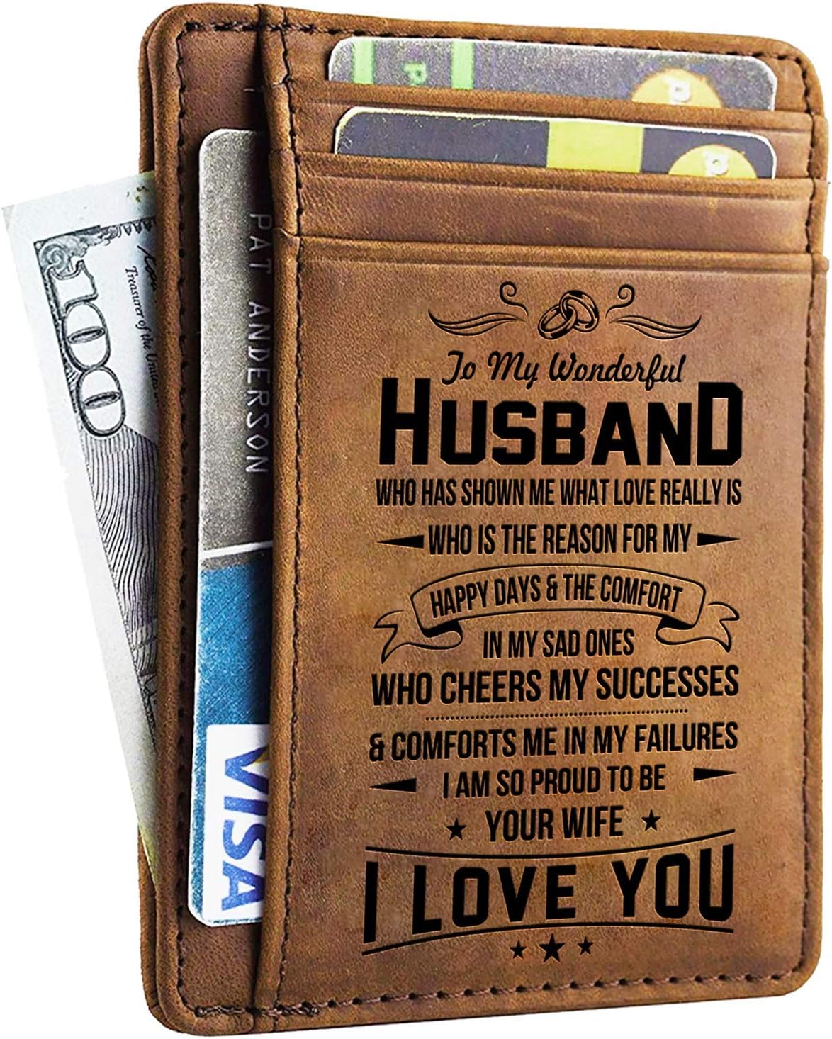 Engraved Leather Front Pocket Wallet RFID Blocking For Men - I Am So Proud To Be Your Wife - Card Case Wallet for Him Birthday Valentine Gifts for Husband