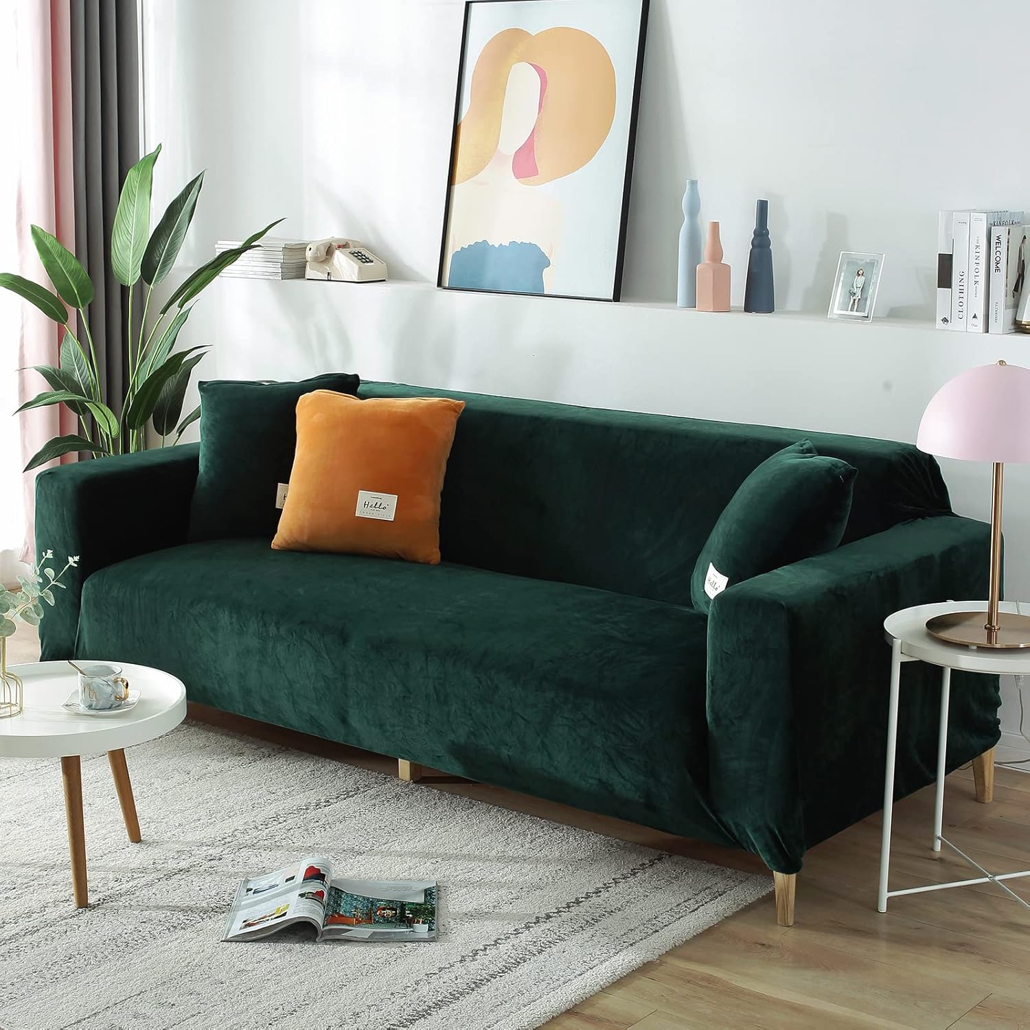 MIFXIN Stretch Sofa Cover Couch Slipcover 1 Piece Velvet Spandex Armchair Couch Cover Furniture Protector for Living Room Decor (Velvet Green, Armchair/1-seater)
