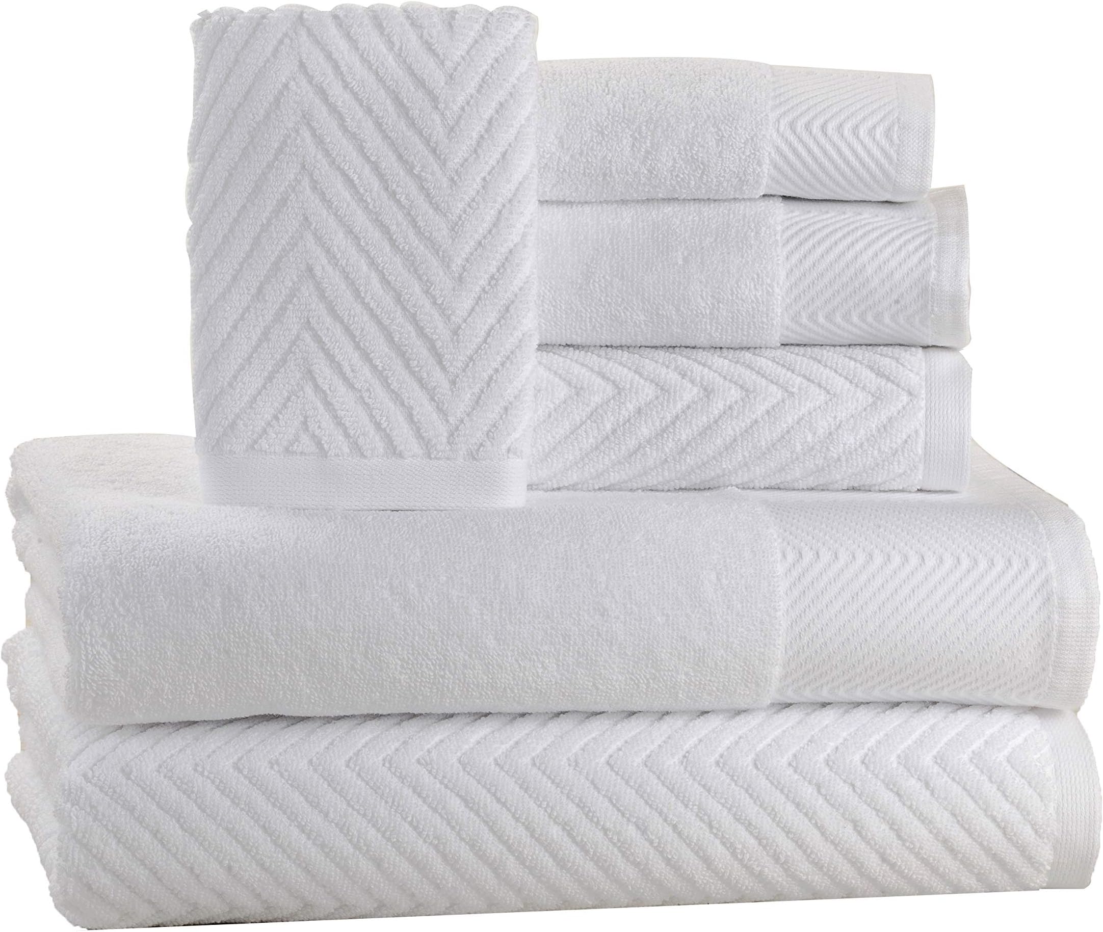 6 Piece Bath Towel Sets, 100% Cotton 600 GSM Chevron Towel Set, 2 Bath Towels, 2 Hand Towels, 2 Wash Cloths Extra Soft Fluffy Towel Set, Highly Absorbent Quick-Dry Luxury Towels Spa Quality - White