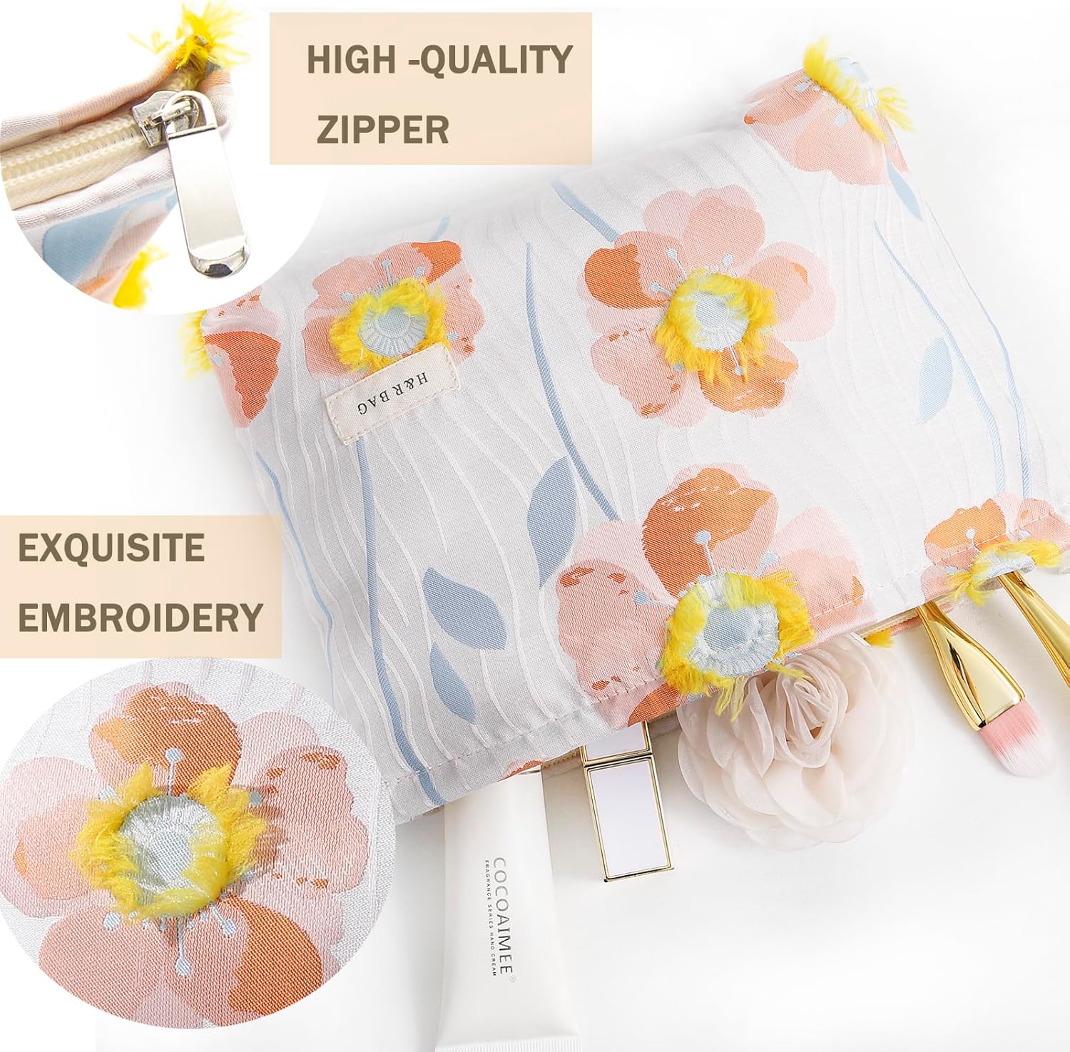 2 Pcs Makeup Bags, Large Cosmetic Bag Travel Toiletry Bag Organizer for Women, Embroidery Craft, Floral Makeup Bag Small Cosmetic Pouch Purse with Zipper Gifts for Girls Teen - Image 3