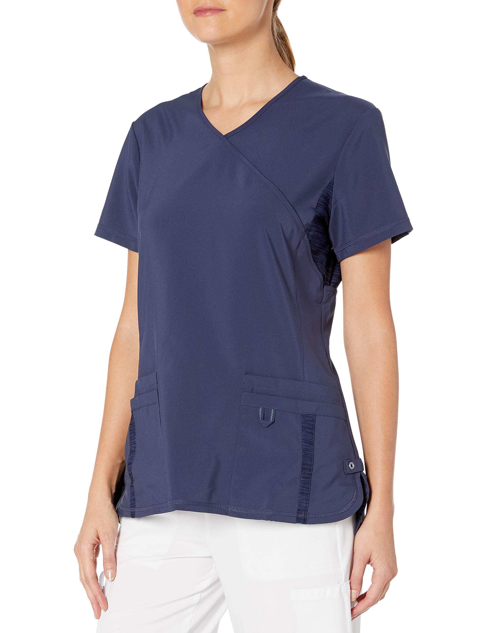 Women's 4 Pocket, Modern Tailored Fit V Mock Wrap Neck Medical Scrub Top 9046, Navy, Medium
