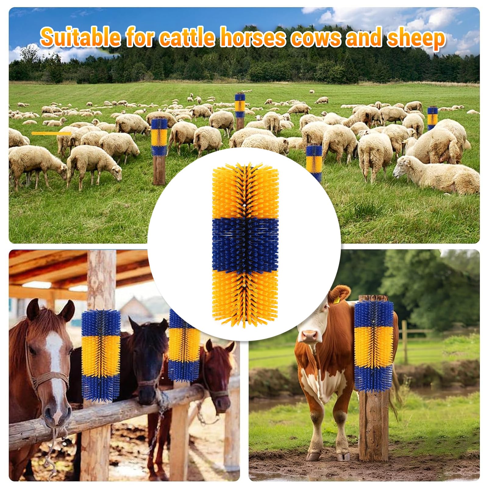 Ejoyous 2 Cepillos para Rascar Ganado, Rascador de Plástico para Caballos, 17,13 Pulgadas, Diseño de Aseo de Masaje Completo con 8 Accesorios para Caballo, Vaca, Oveja, Valla de Granero, Montaje en