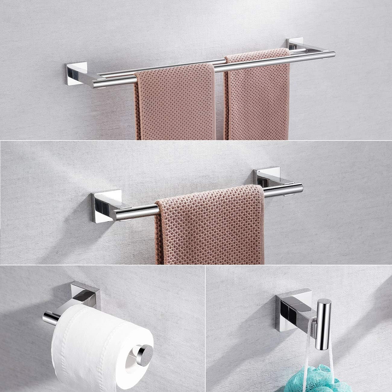 Miyili 4-Pieces Polished Stainless Steel Bathroom Hardware Set Wall Mounted - Includes Double Towel Bar, Hand Towel Rack, Toilet Paper Holder, Robe Hook, BS02C4
