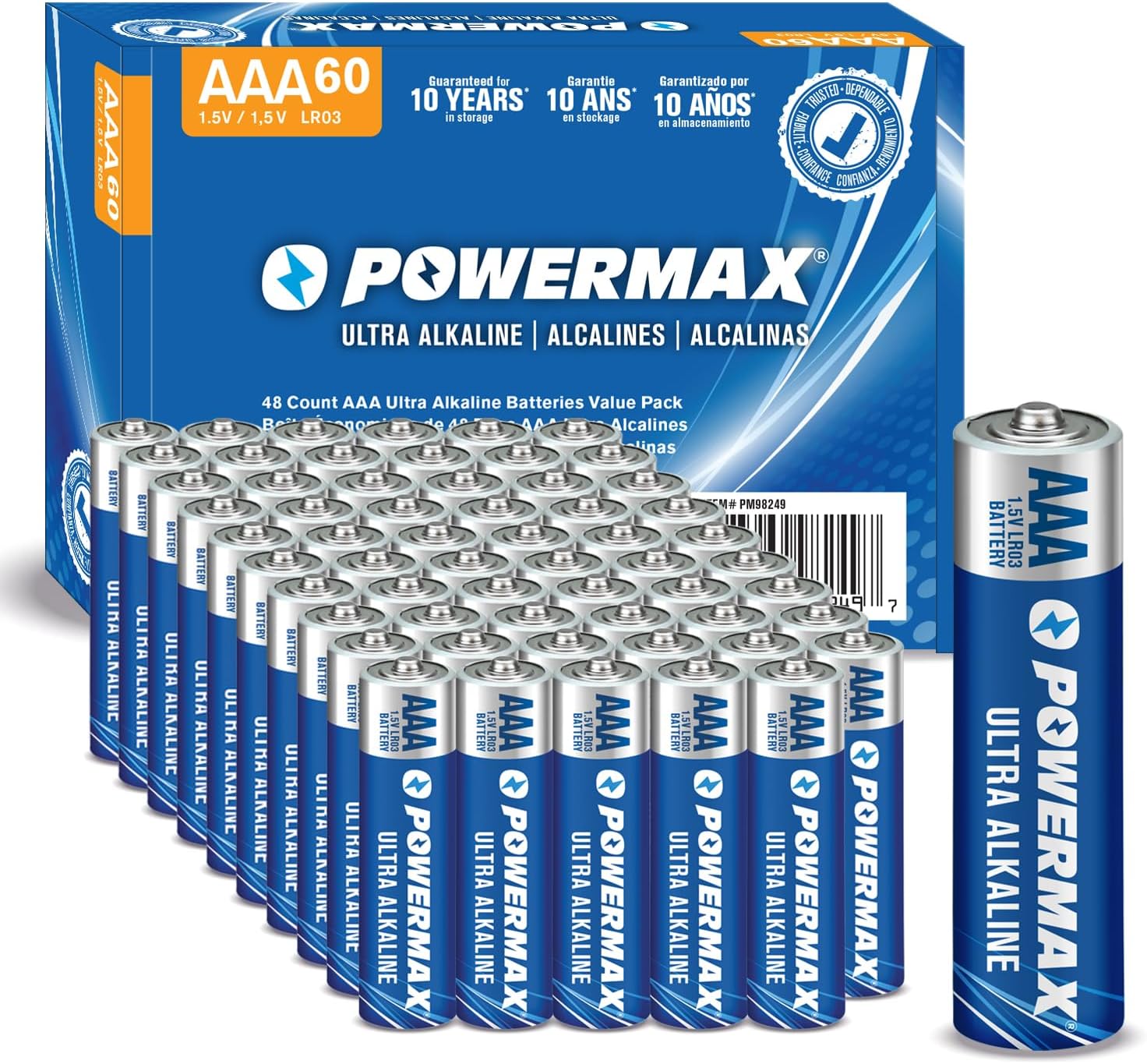 Powermax 60-Count Triple AAA Batteries, Ultra Long Lasting Alkaline Battery for Home and Office, 10-Year Shelf Life, Reclosable Packaging