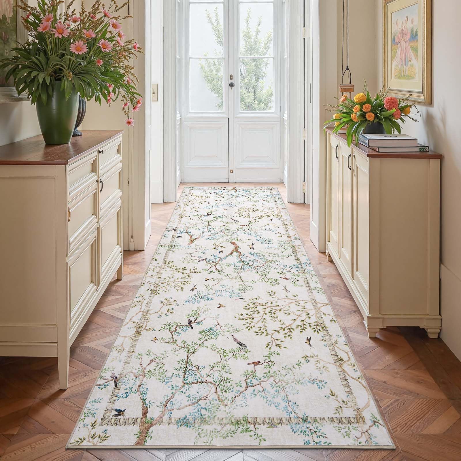 jinchan Yarden Ivory Botanical Birds 3x8 Runner Rug for Hallway Washable Non Slip Soft Nature Plants Modern Runner Carpet Vintage Ultra Thin Low Pile