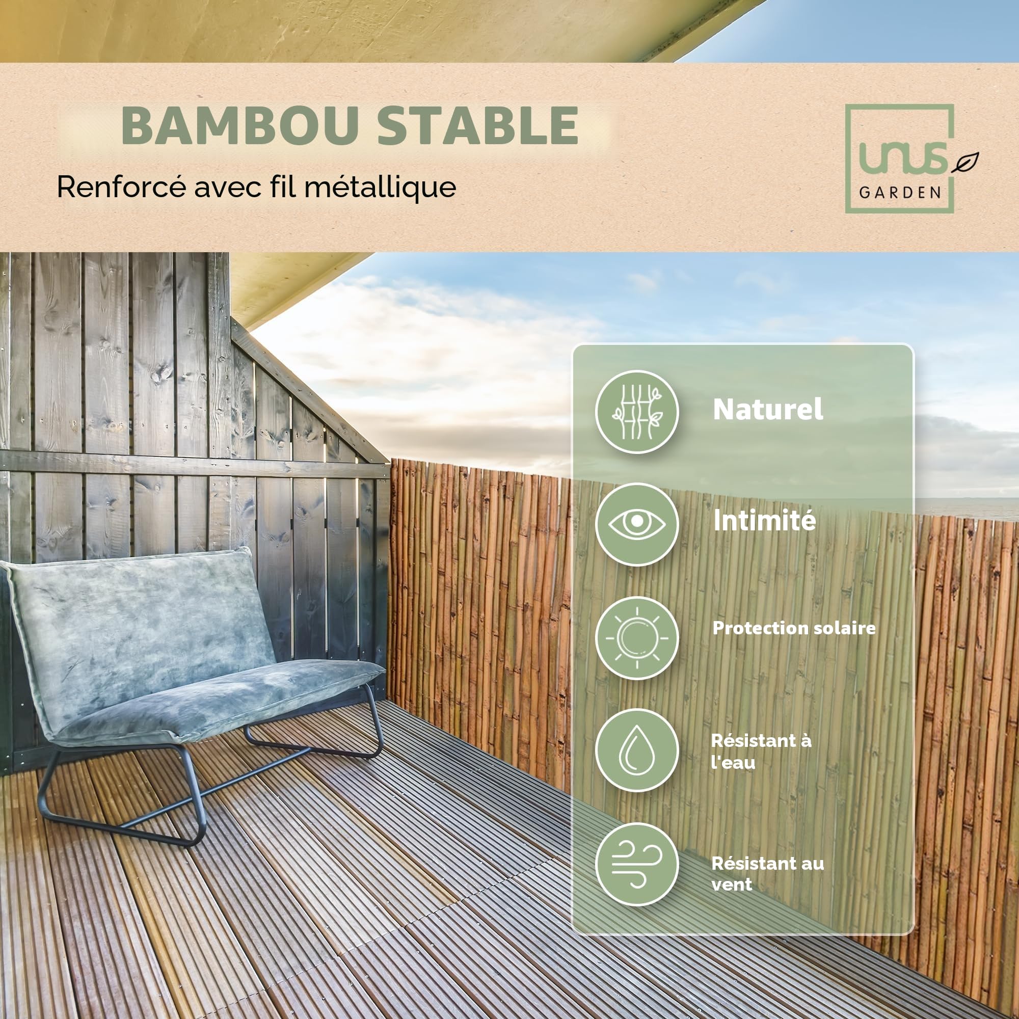 Brise-vue en bambou UNUS Différentes tailles disponibles Clôture pour terrasse, balcon et jardin Coupe-vent