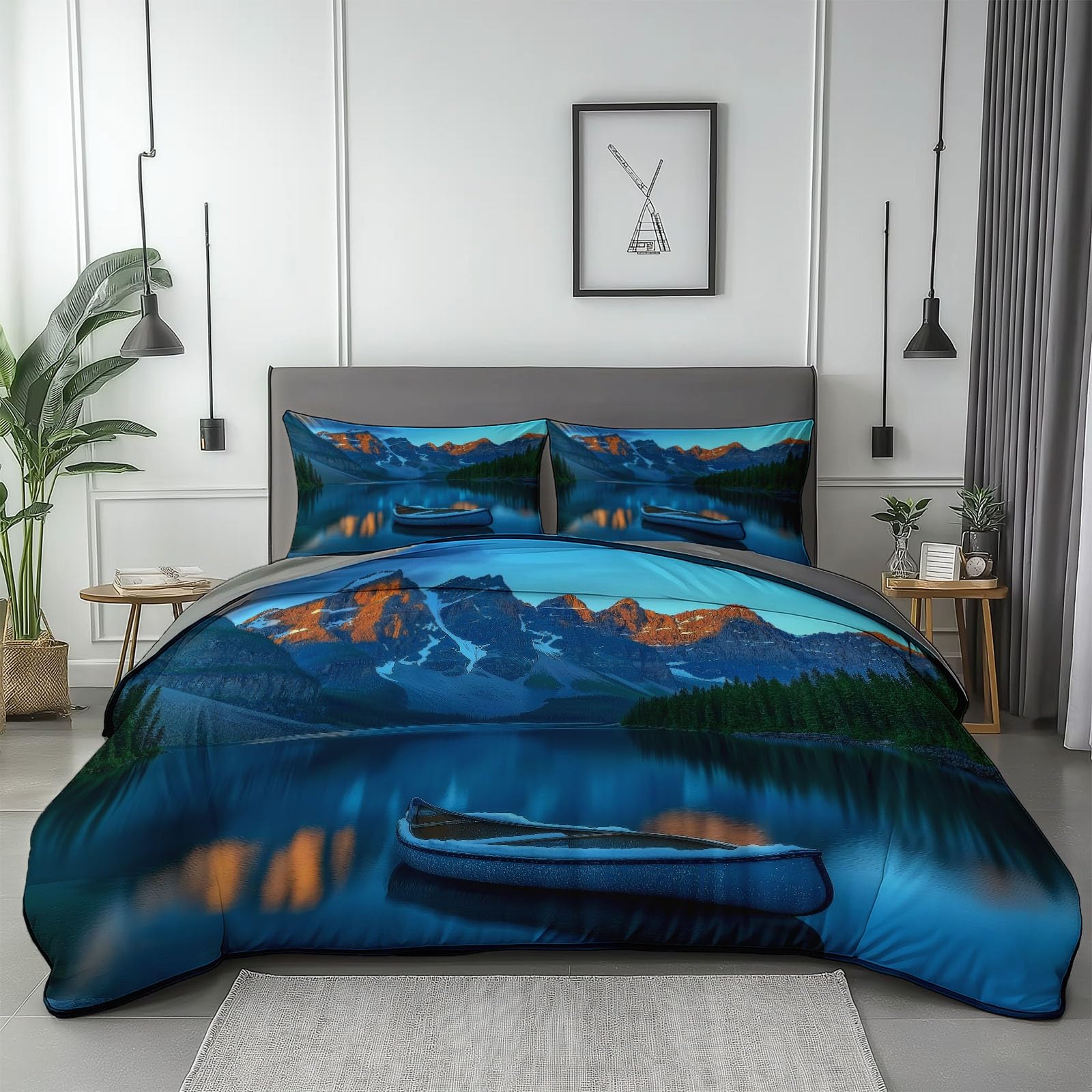Poszwa na kołdrę Natura Jeziora Górskie Wzór 240x260 cm Dwustronny zestaw pościeli z nadrukiem z 2 poszewkami na poduszki Szary Zestaw pościeli z mikrofibry na 4 pory roku