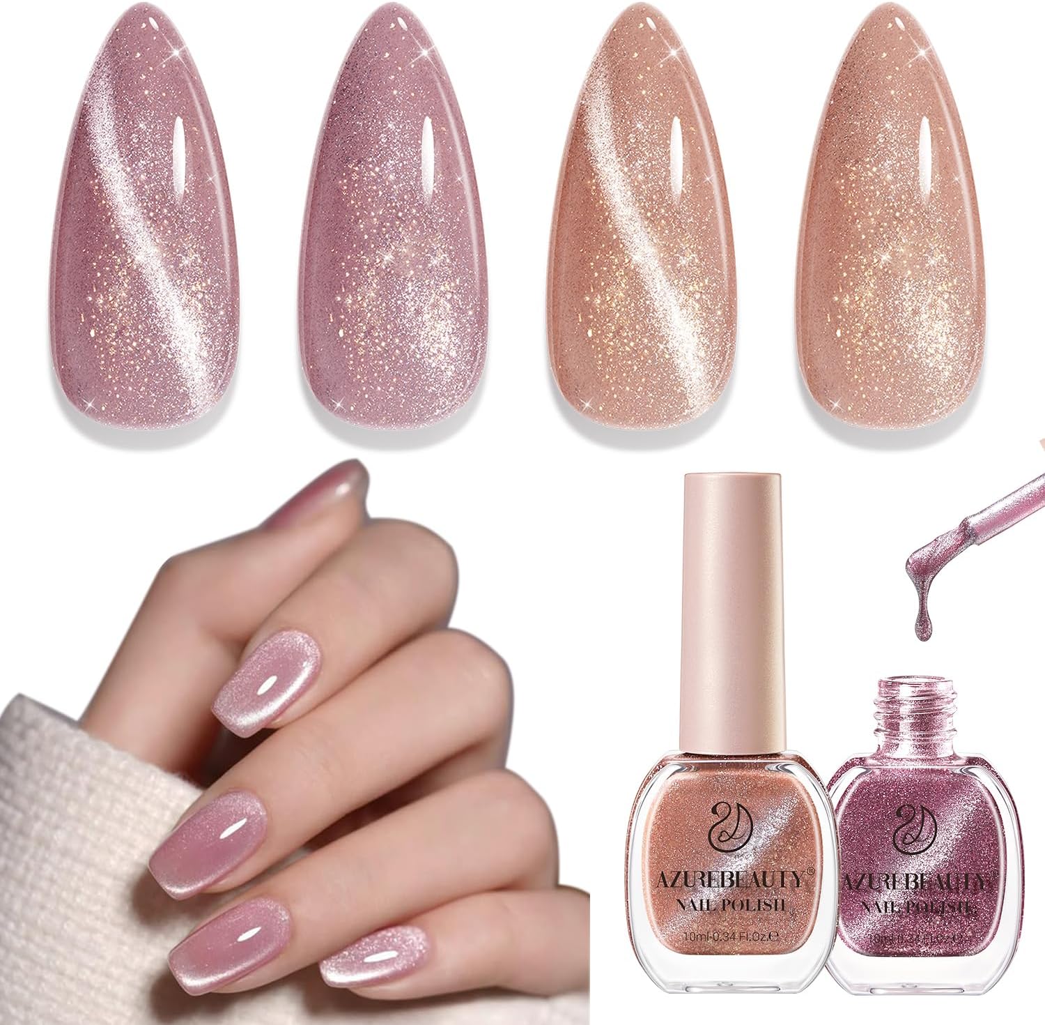 AZUREBEAUTY Cat Eye Nail Polish Set Quick Dry Nude Purple Glitter 2 Colors Nail Lacquer Natural Shine DIY Salon Home Women Gifts 2Pcs 0.34oz