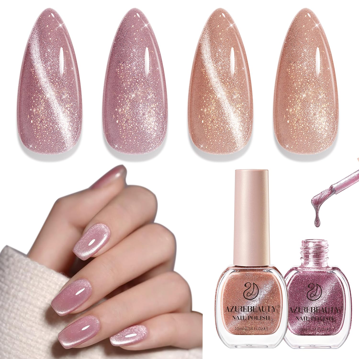 AZUREBEAUTY Cat Eye Nail Polish Set Quick Dry Nude Purple Glitter 2 Colors Nail Lacquer Natural Shine DIY Salon Home Women Gifts 2Pcs 0.34oz