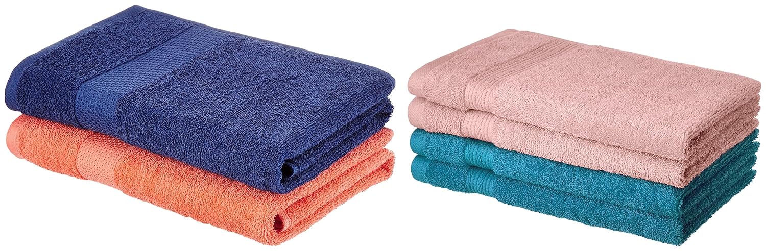Amazon Brand – Solimo Cotton 2 Piece Bath Towel Set, 380 GSM (Twilight Blue, Coral Pink) 100% Cotton 4 Piece Hand Towel Set, 500 GSM (Turquoise Blue and Baby Pink) offers donot miss