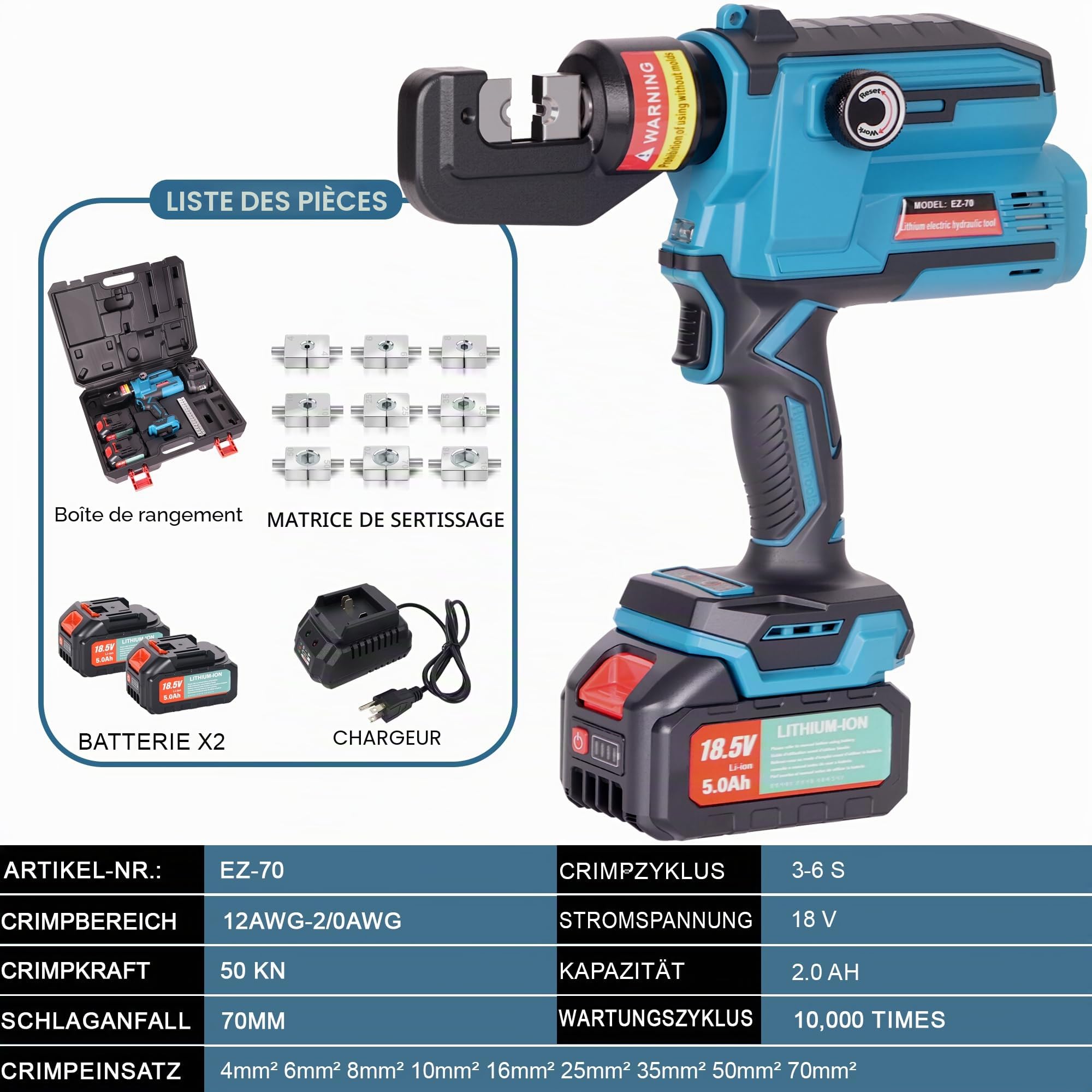 AMZCNC Pince à sertir hydraulique rechargeable - Raccord de câble électrique - Outil de sertissage avec 8 matrices 4 6 10 16 25 35 50 70 mm² - 2 batteries et chargeur pour connecteurs de câble