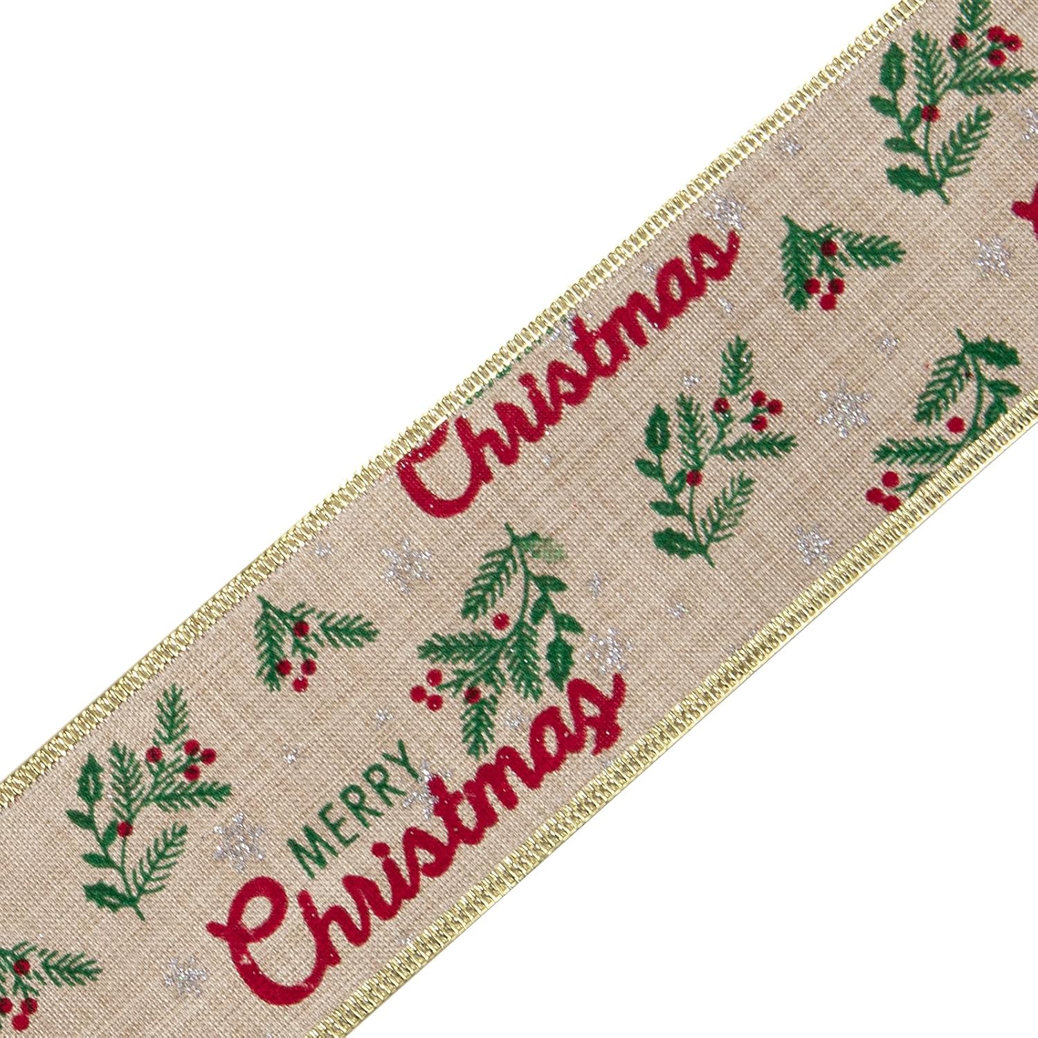 WRAPAHOLIC Christmas Wired Ribbon - 2.5 inch x 25 Yard Each Roll - Burlap Ribbon with Wired Edge - Merry Christmas (Pack of 2)