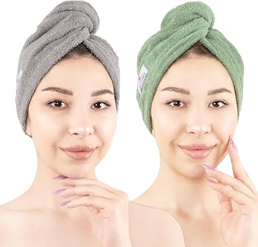American Soft Linen 100% Cotton Hair Towels for Women, Head Towel Cap, Cotton Hair Turban Towel Wrap for Hair, Soft and Absorbent Cotton Hair Towels 2 Pack, Sage Green-Light Gray