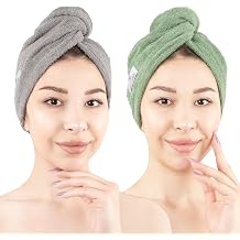 American Soft Linen 100% Cotton Hair Towels for Women, Head Towel Cap, Cotton Hair Turban Towel Wrap for Hair, Soft and Absorbent Cotton Hair Towels 2 Pack, Sage Green-Light Gray