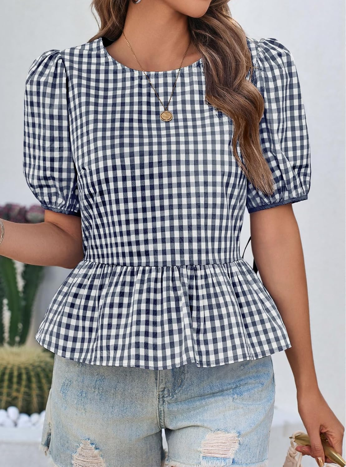 Cicy Bell Womens Puff Sleeve Gingham Blouse Summer Ruffle Peplum Babydoll Tops Cute Plaid Cotton Shirts - Image 5