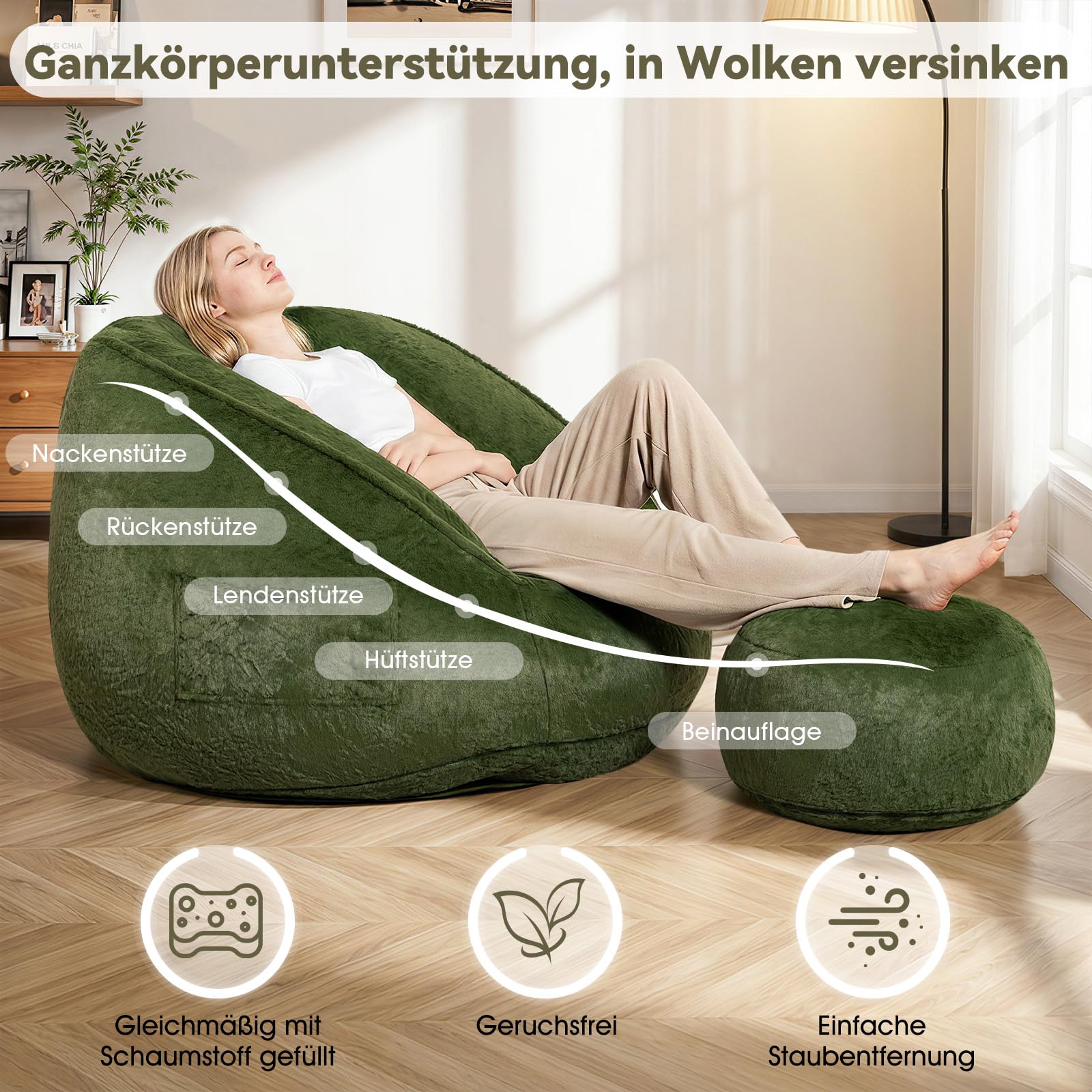 HOMMPA XXL Sitzsack mit Hocker und Füllung für Erwachsene,Grün