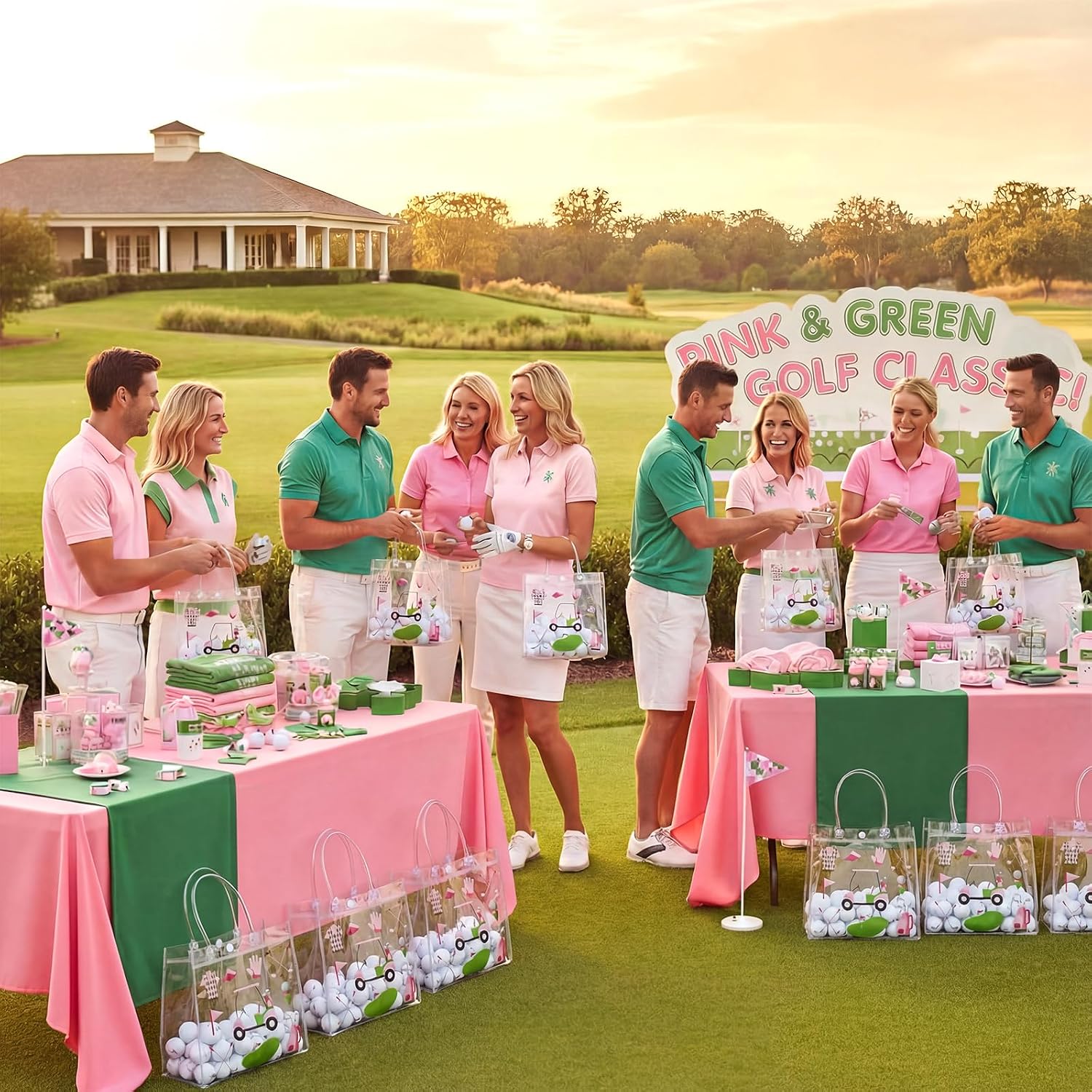 Sweetude 24 Pieces Golf Gift Goodie Bags with Handles 8x8x3.15 Inch Pink and Green PVC Golf Theme Party Favor Clear Treat Bags Bulk for Sports Party Competition Team Birthday Gifts