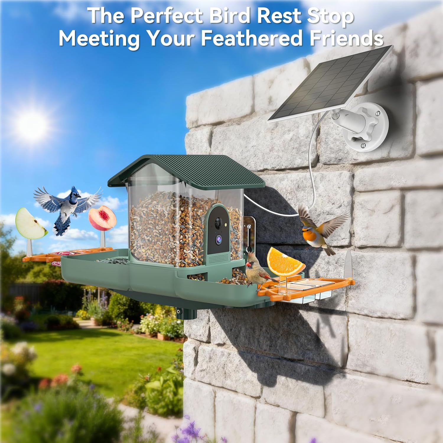 Dual-Lens Bird Feeder with Camera & Bird Bath Combo, Watch Birds Eat & Bathe with WiFi 2K HD Video, Auto Record, AI Recognition, APP Alerts, Solar Powered, for Backyard Garden Porch Fence Decor