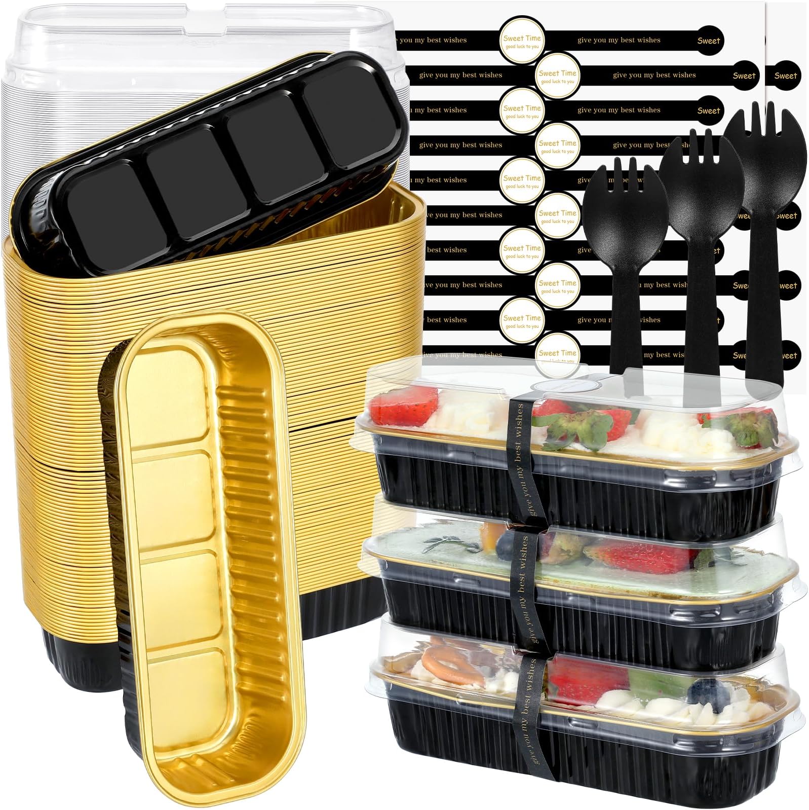JuneHeart Mini Loaf Pans with Lids and Spoons, 100 Pack, Black, 6.8oz, Rectangular Aluminum Foil Baking Pans