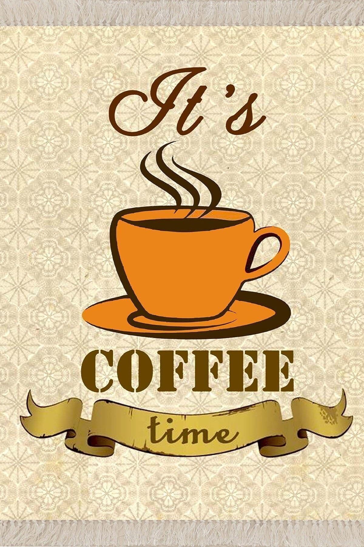 Pelangi Bej Coffe Time Kahve Desenli Dijital Baskılı Kaymaz Taban Halı, Bej-Turuncu 100 x 100