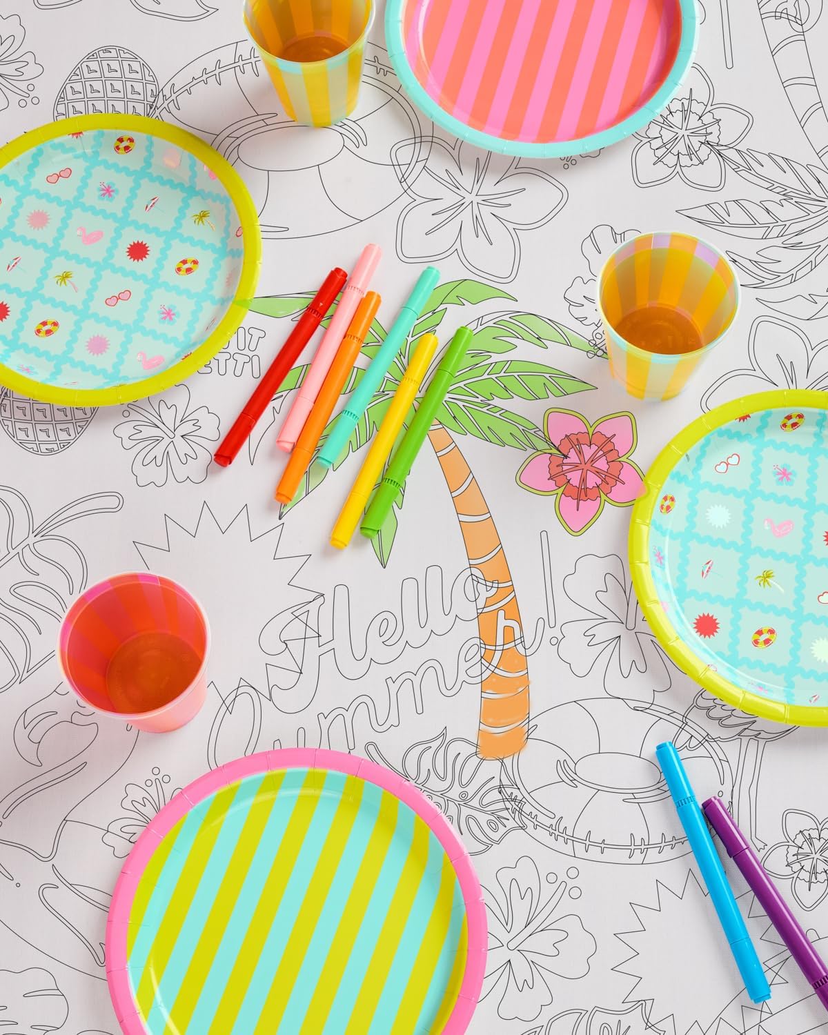 xo, Fetti Pool Party Paper Coloring Tablecloth - 9' x 4.5' | Summer Tablescape, Palm Tree Dinner Party Setting, Kids Birthday Decoration, Cute Tablecover, Beach Table DIY