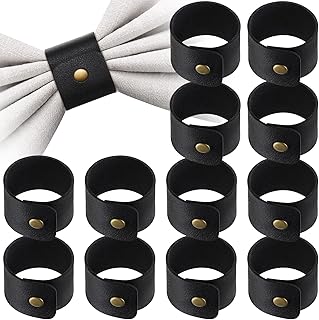 12 Pcs Thanksgiving Rustic Napkin Rings Handmade PU Faux Leather Napkin Ring Holder for Farmhouse Christmas Wedding Birthdays Receptions Table Decor Fall Banquets Decoration Party Gifts (Black)