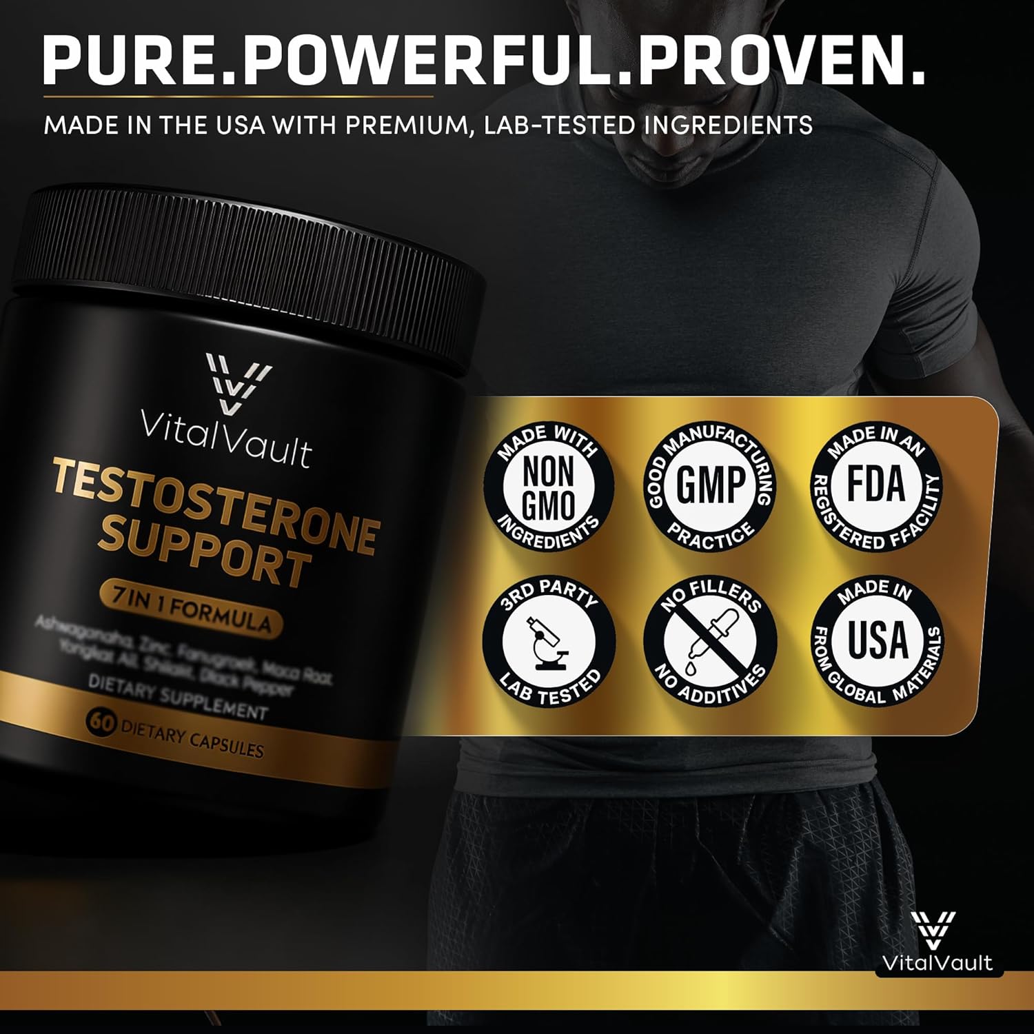 7-in-1 Testosterone Booster for Men - Natural Supplement with Ashwaganda, Shilajit, Fenugreek, Maca Root, Tongkat Ali, Black Pepper & Zinc - 1 Month Supply (60 caps) - Image 4