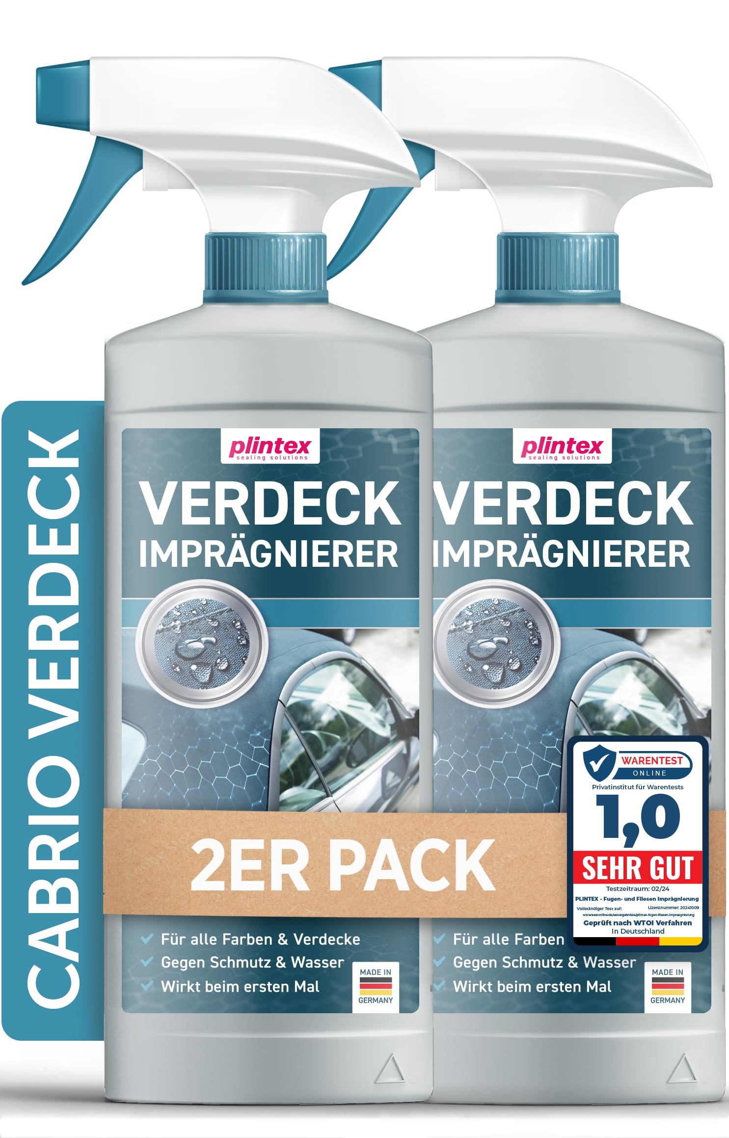 PLINTEX® 2x580ml Cabrio Verdeck Imprägnierung - Imprägnierspray für Textil- und Cabrio Stoffdach Pflege - Langanhaltende Versiegelung und PFC freier Verdeck Imprägnierer