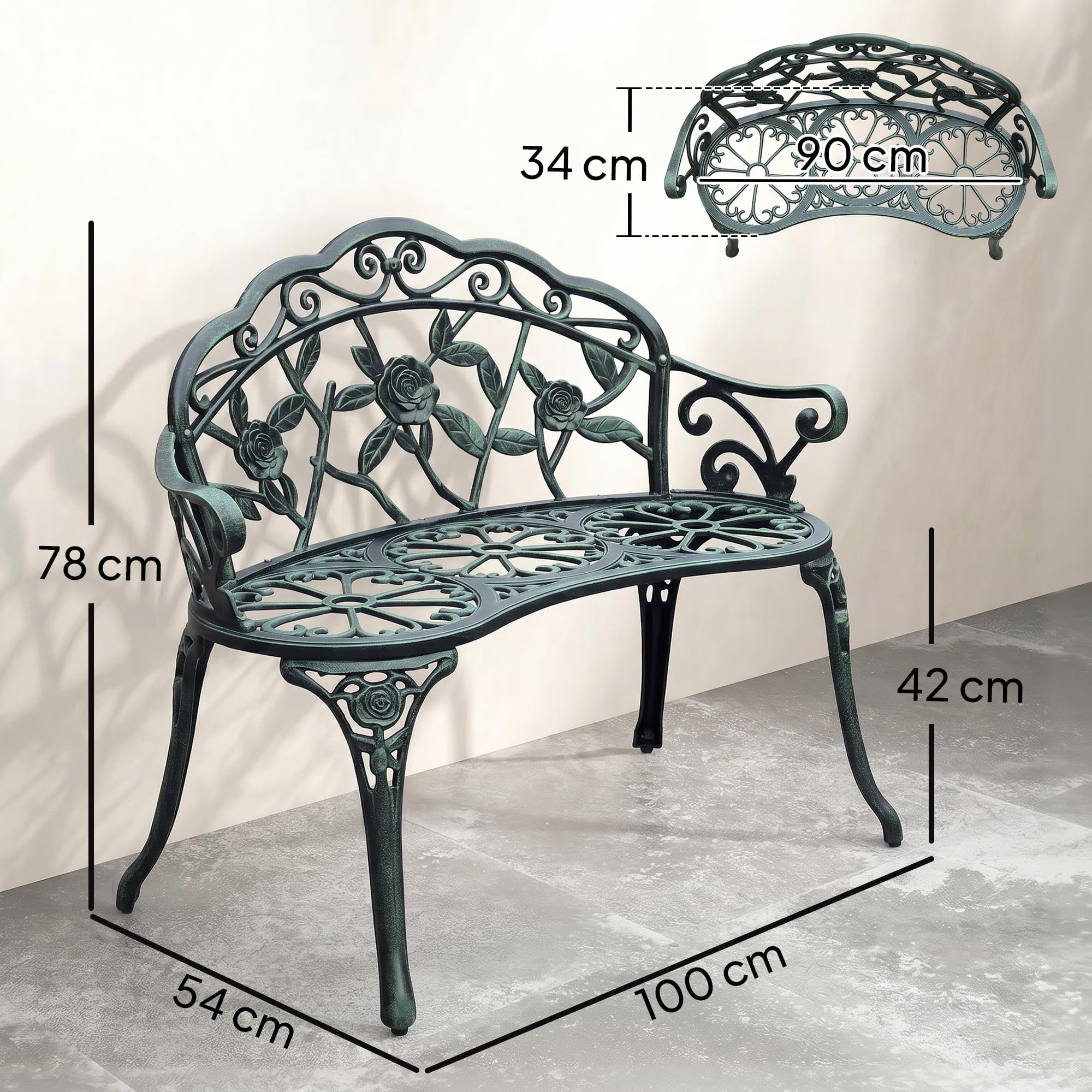 Outsunny Banc de Jardin 2 Places Style Néo-Rétro Motif Rose Vert Vieilli