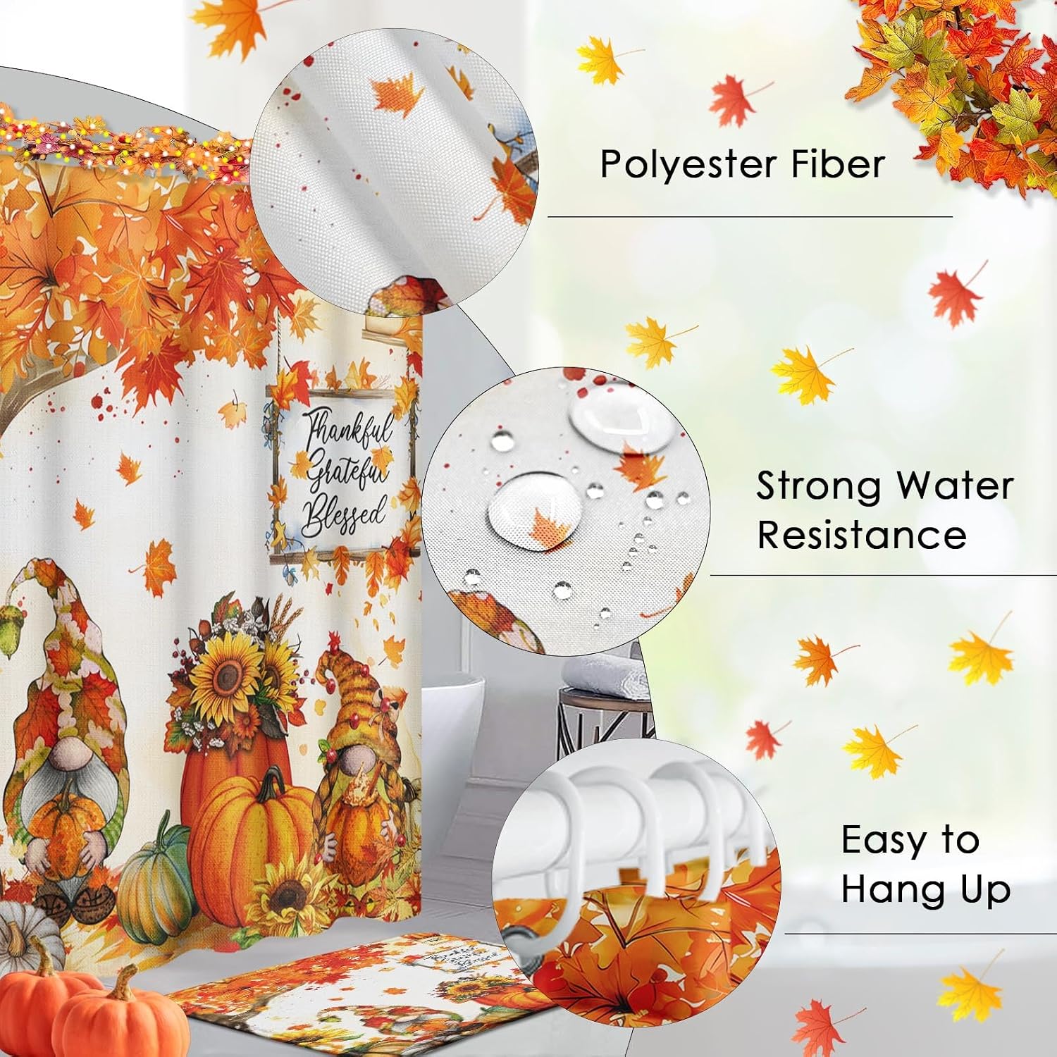 Bayson Bathroom Sets with Shower Curtain and Rugs Set of 4, Autumn Pumpkin