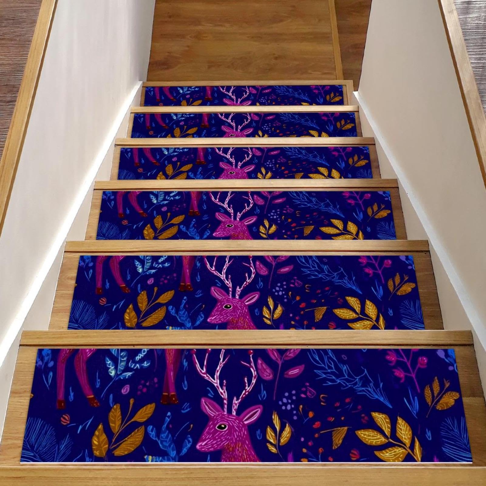 Tapis d'escalier antidérapants 20x76 cm lot de 15 marches bois motif cerf