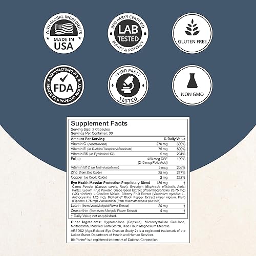 Miniatura 4 de NuBest AREDS 2 Vitaminas para los ojos con polvo de zanahoria beta caroteno, 20 mg de luteína, 4 mg de zeaxantina, arándano, semilla de uva,
