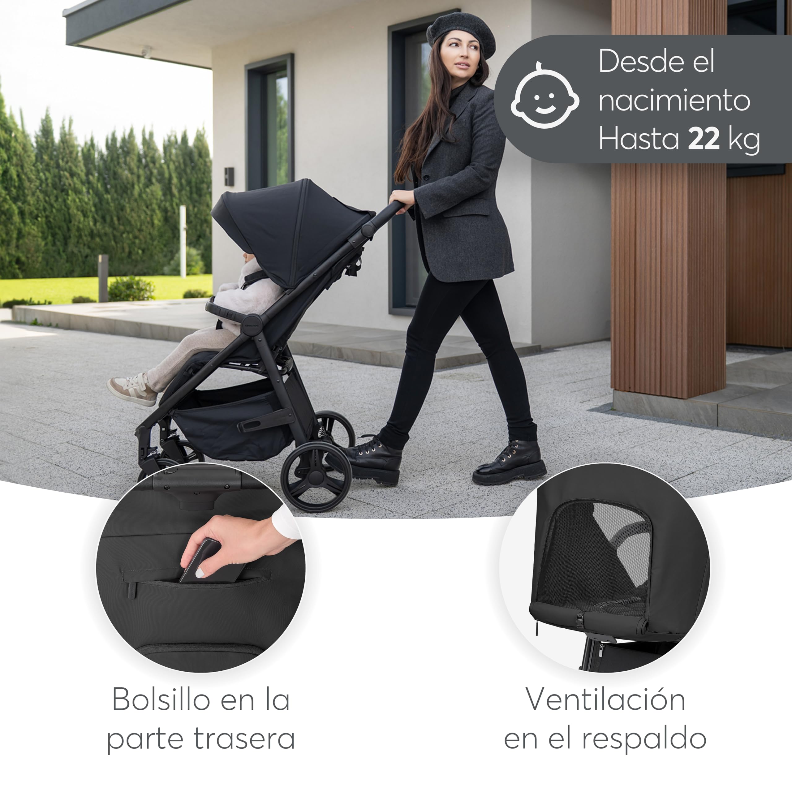 KikkaBoo Silla de Paseo Ligera URBAN, Carrito Bebe Desde Nacimiento Hasta 22 kg, Plegado con Una Mano, Compacto, Ruedas EVA Con Suspensión, Manillar Ajustable, Negro