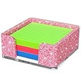 Sticky Note Holder, Glitter Pink Acrylic Notepad Holder 3x3 in Self-Stick Note Dispenser Office Desk Accessories, Memo Pad Holder Organizer for Classroom School Supplies