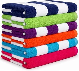 BolBom 6-Pack Large 30x60 100% Cotton Cabana Stripe Beach Towels - Quick Dry Absorbent Pool Bath Towels for Family Swim Yoga