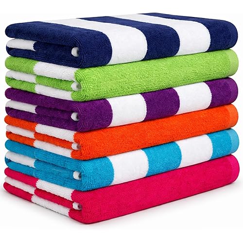 BolBom*S Beach Towels 6 Pack Large 30x60-100% Cotton Beach & Pool Towels Bulk Cabana Stripe - Quick Dry Bath Towel Set for Swim, Beach Essentials, Bathroom, Hot Tub, Yoga, Hotel & Airbnb Guests