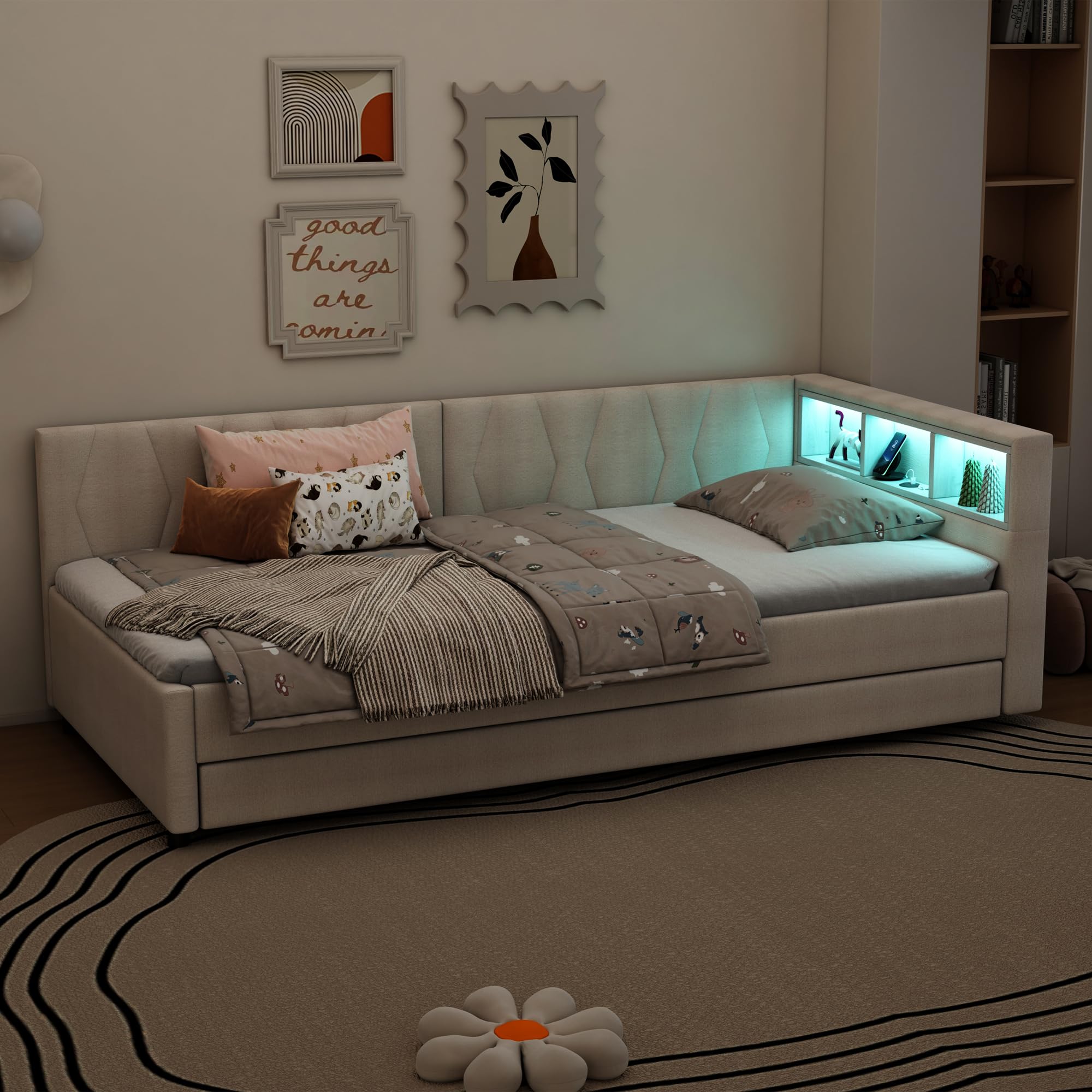 Divano Letto 90x200 Bed Vano Portaoggetti Laterale Rivestimento in Lino Letto Estraibile Seconda Superficie Estraibile Superficie Ausiliaria Scorrevole sotto il Telaio Camera