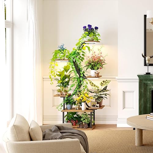 Miniatura 4 de Estantes negros para plantas con luces de cultivo soporte moderno de 7 niveles y 65 pulgadas de alto para esquinas interiores, exhibición de sala de