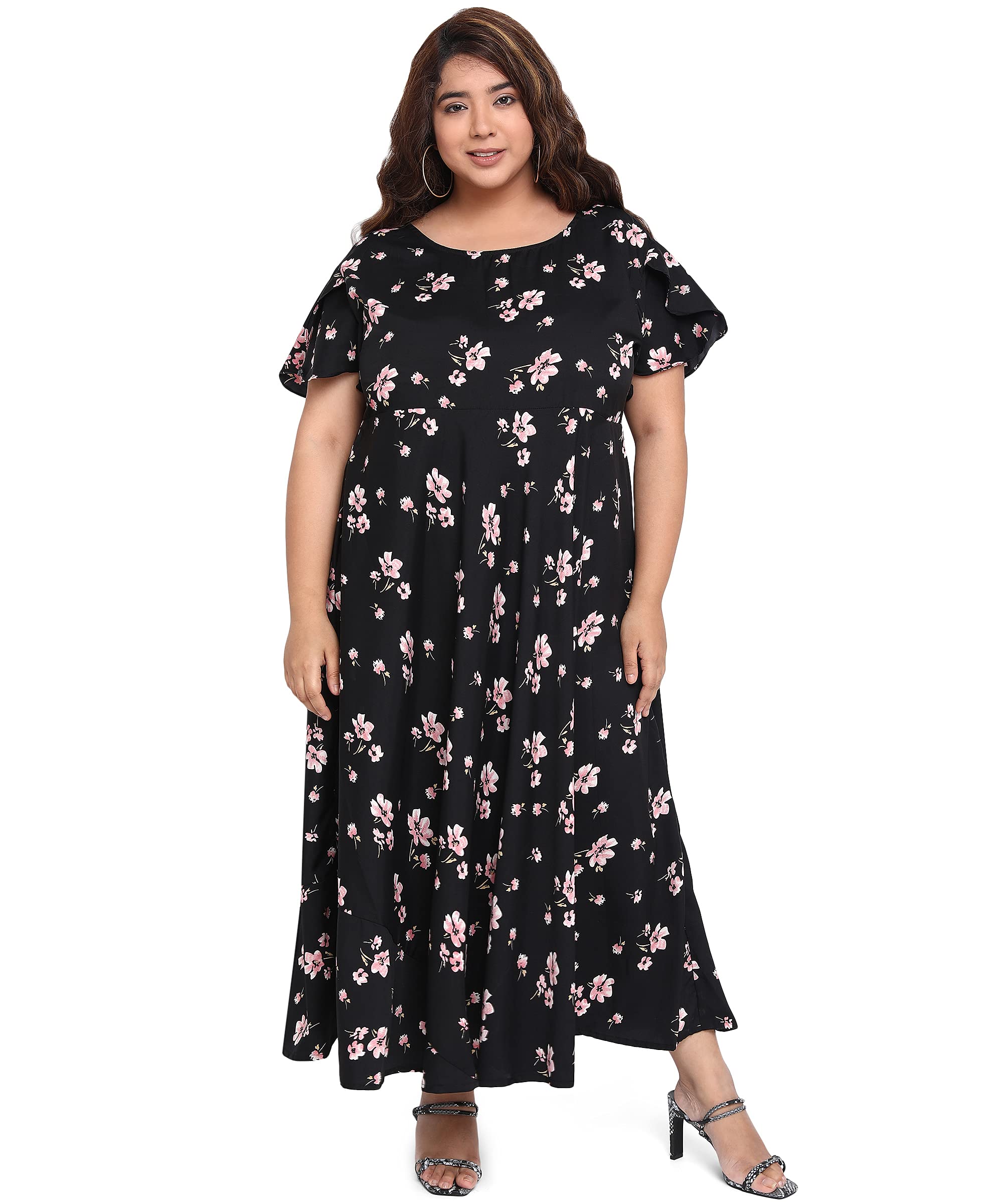 Oomph! Women's Western & Fusion Wear Crepe A-Line Maxi Plus Size Dress - Soot Black - Od250_8Xl