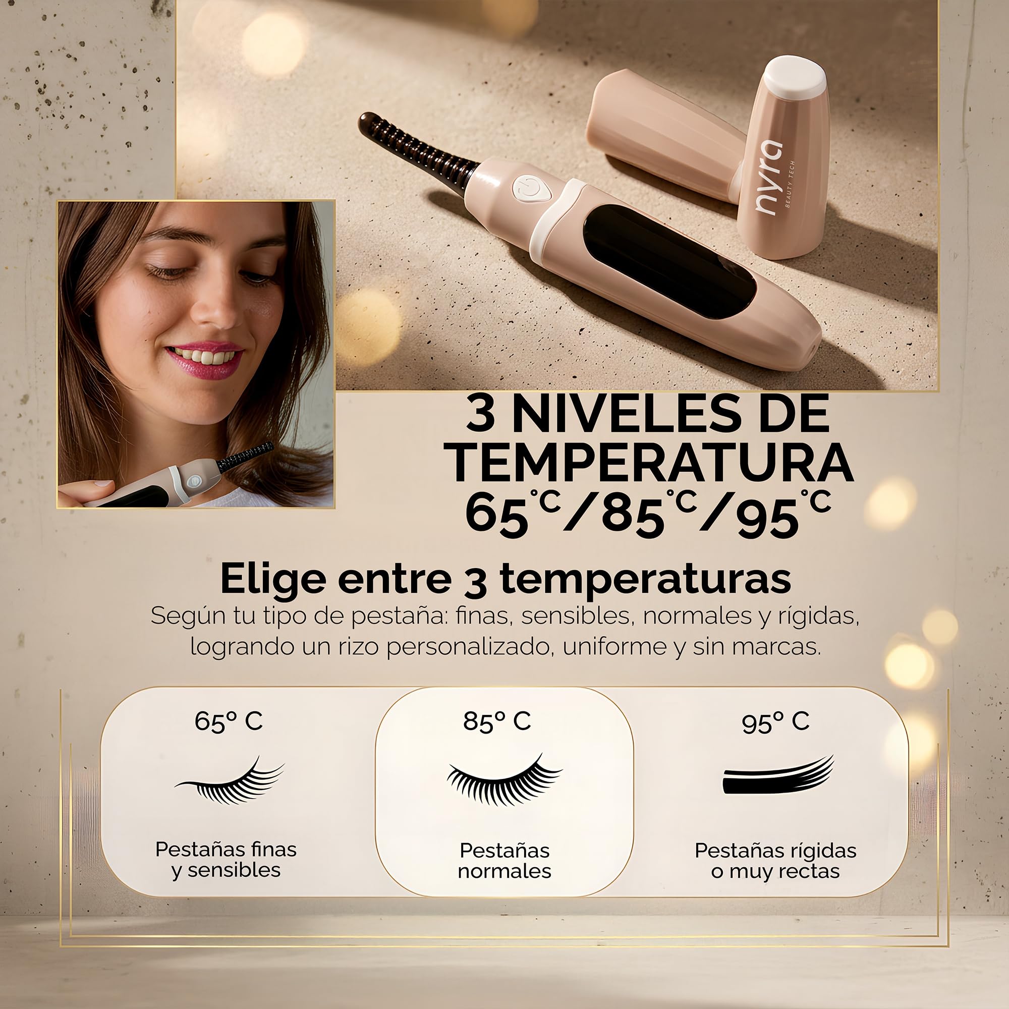 Nyra Rizador de Pestañas por Calor Eléctrico – 3 Niveles de Temperatura (65°C/85°C/95°C) – Recargable por USB, Portátil, Batería 150mAh, Rizado Duradero y Natural en Segundos