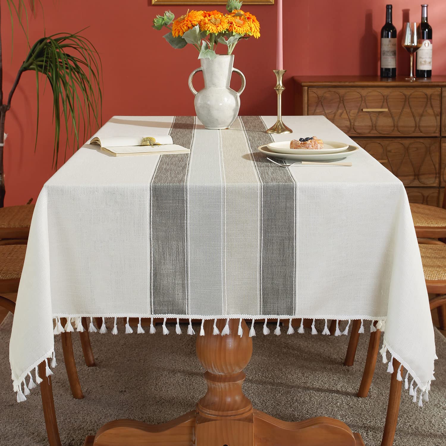 Laolitou Rustic Cotton Linen Table Cloth,Tablecloths for 6 Foot Rectangle Tables,Waterproof Washable Tablecloth with Tassel Rectangle/Oblong, 55''x 86'', 6-8 Seats