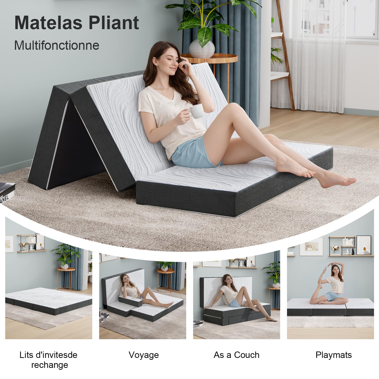 Twirest Matelas Pliant Matelas Mousse à Mémoire de Forme, Épaisse 10 cm,Idéal Camping ou Voyage, Matelas Pliable, pour Adulte, 2 Personnes (140 x 190 x 10 cm)