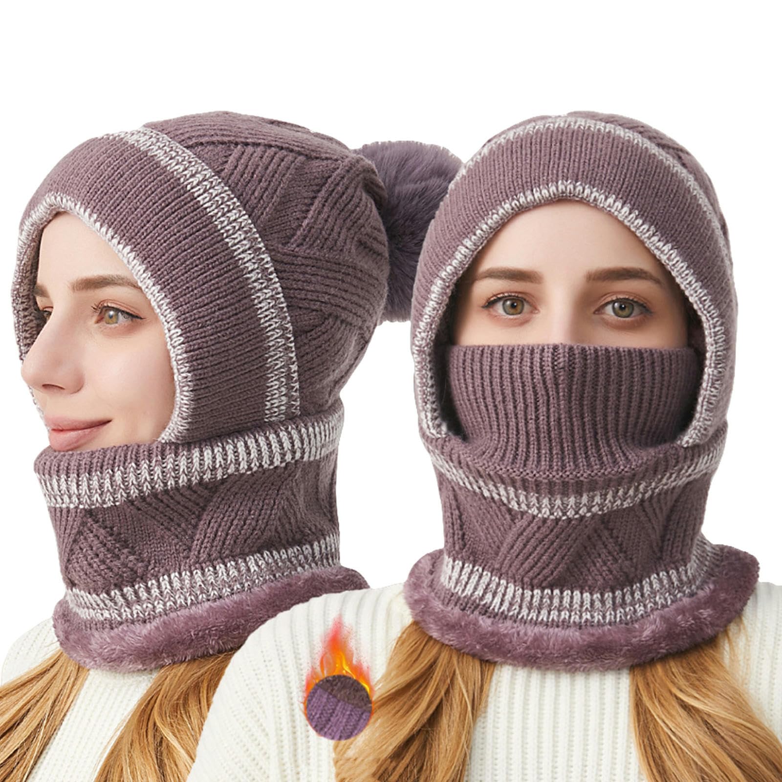 Sombrero Invierno Mujer Mujeres Sombreros De Gorro De Invierno 2 En 1 Vellón Juego De Máscara De Sombrero De Calentador De Cuello Grueso-Caqui