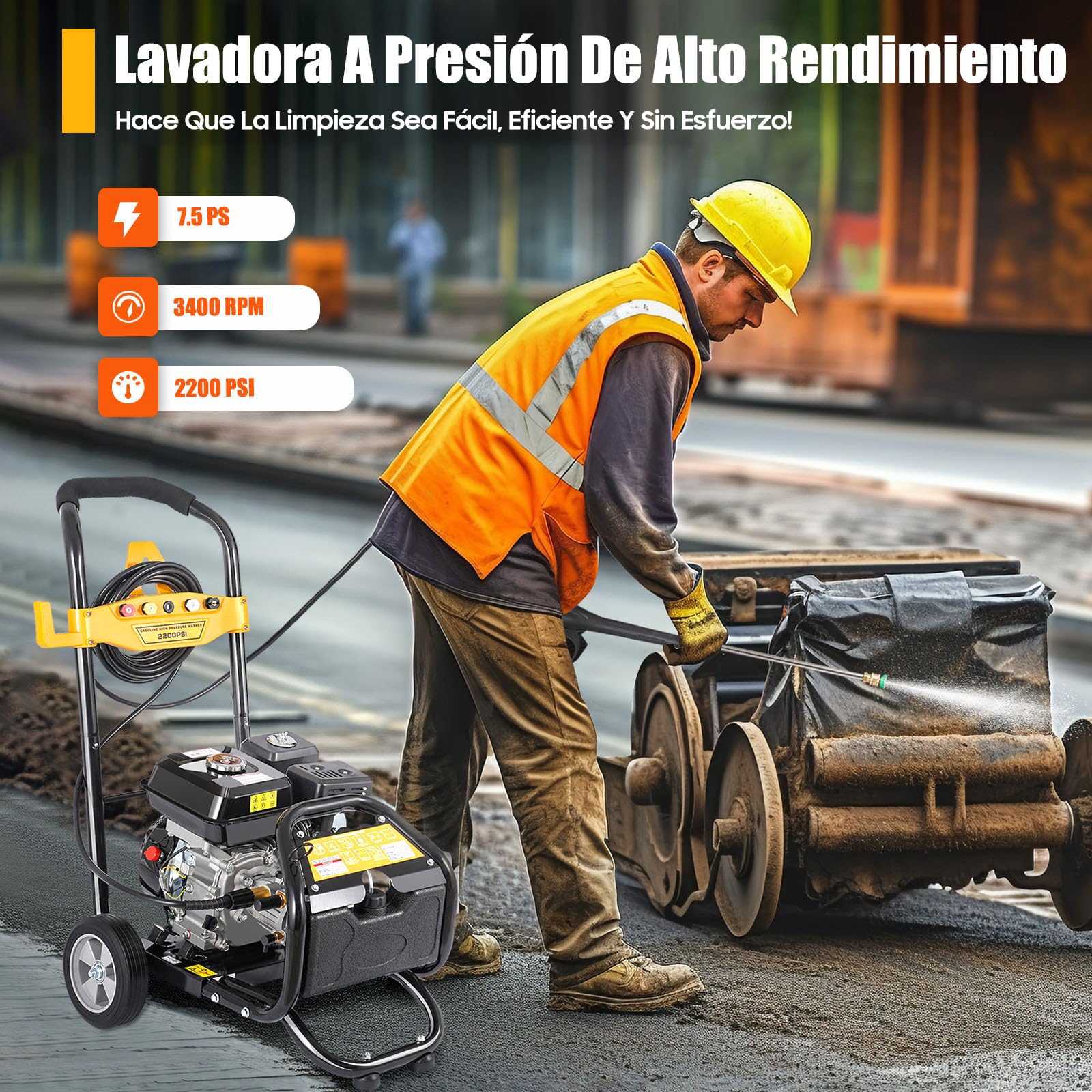 Limpiador a presión de gasolina, Hidrolimpiadora Profesional, 7,5 HP 2200 psi, motor de gasolina, con 5 boquillas, lanza de limpieza, manguera de 7,5 m, para suelos y vehículos