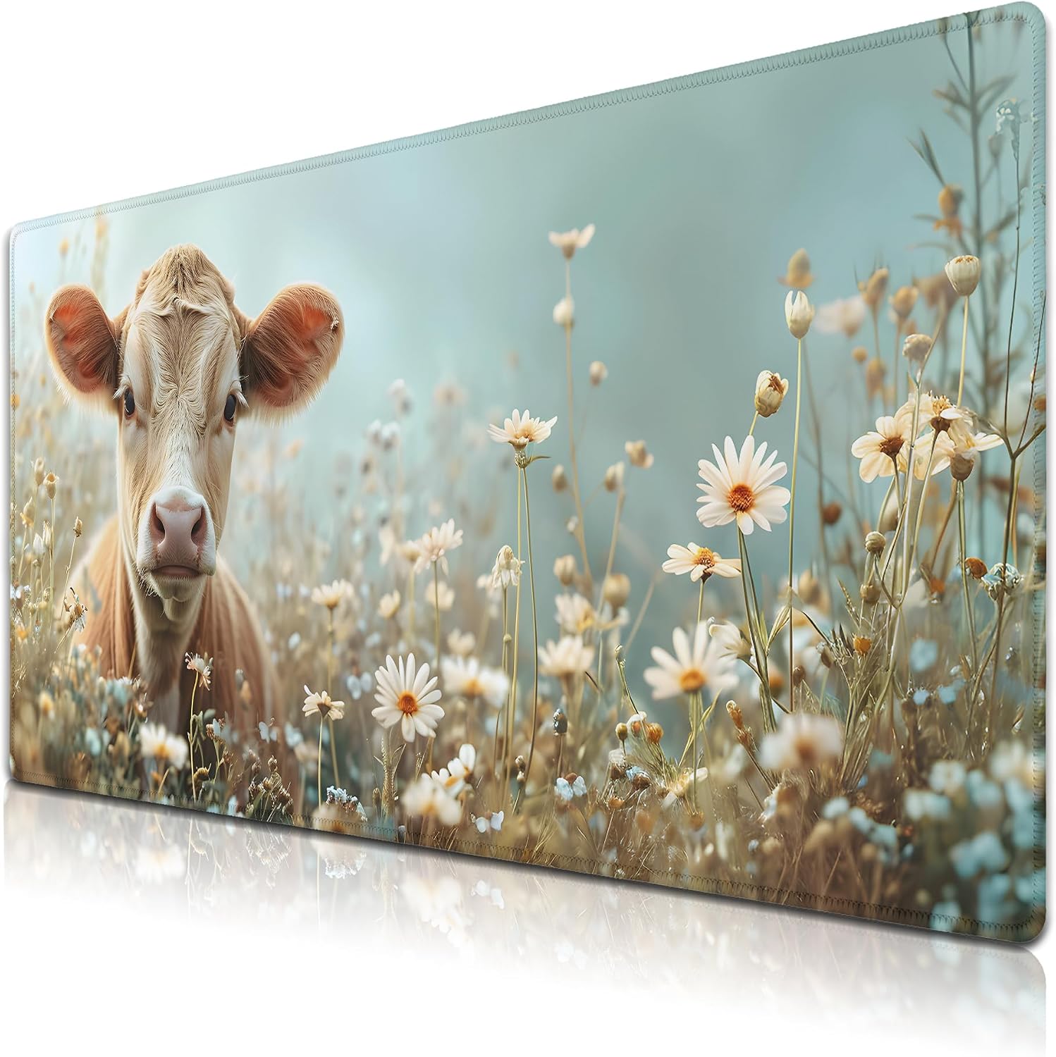 Computer Desk Pad Cow Flower Garden, Desk Mouse Pads Gaming Mousepad, Large Mouse Pads Non-Slip Rubber Base Waterproof with Stitched Edges, 35.4 X 15.4 inch for Work/Game/Office