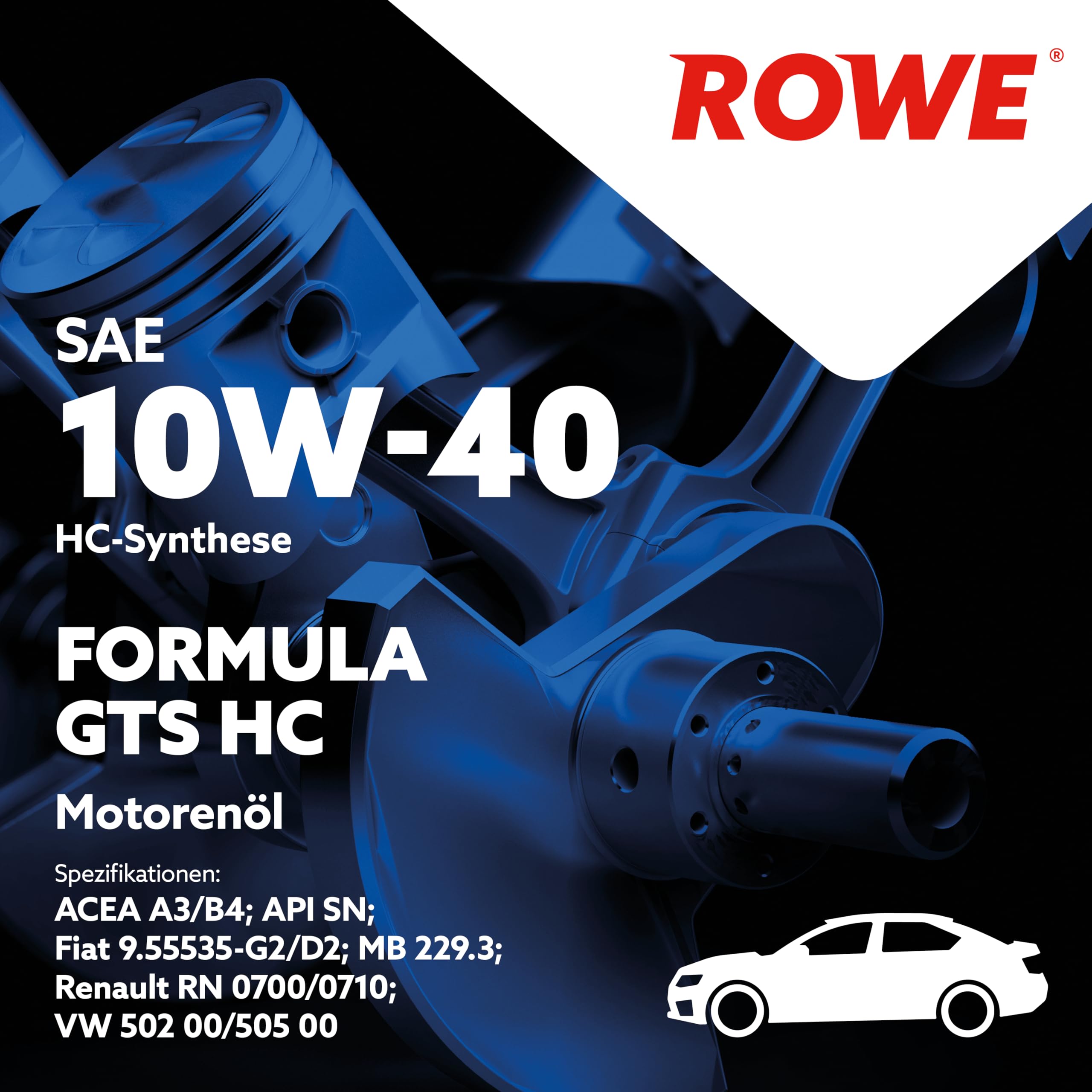 ROWE Aceite de motor 10W-40 Formula GTS HC ACEA A3/B4 API CF API SN 5L Compatible con VW Polo V Hatchback 6R1, 6C1 up! Hatchback 121, 122, BL1, BL2, BL3, 123 Golf 7 Hatchback 5G1, BQ1, BE1, BE2 | Aceite de motor suave para motores de gasolina y diésel sin