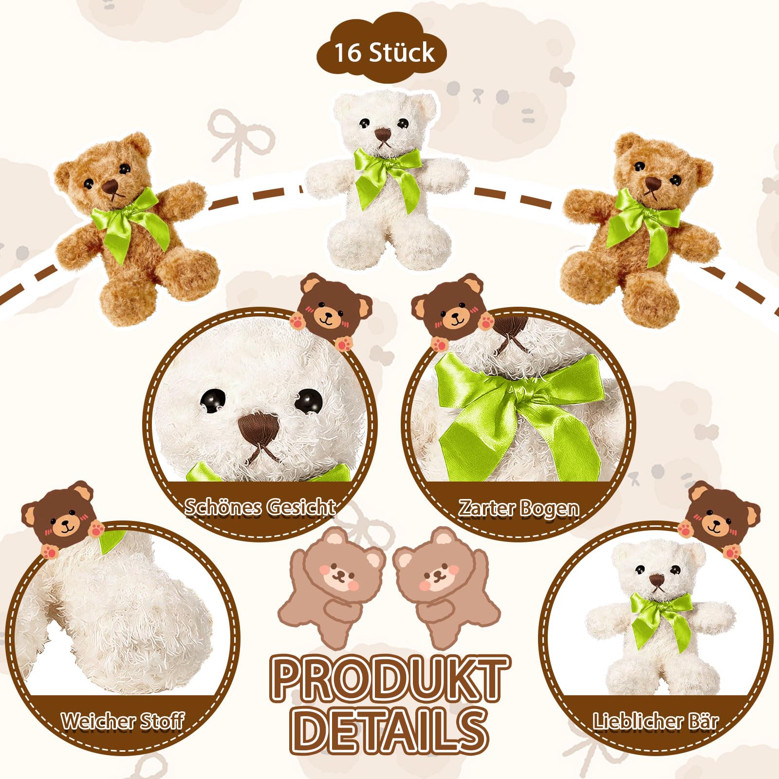 Juego de 16 osos de peluche de 25 cm, pequeños osos de peluche en color marrón claro y blanco con lazo, peluches suaves para abrazar, ideas de regalo y decoración de fiestas para cumpleaños